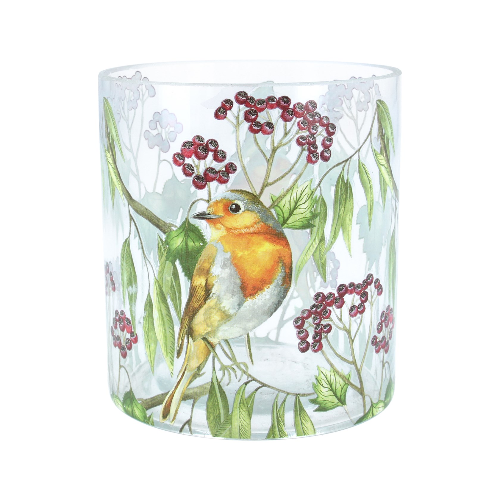 Christmas Robin with Berries Glass Tea Light by Gisela Graham